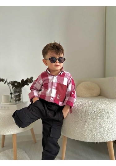 Minaz Baby Kareli Gömlek Pantolon Takım Kırmızı - Siyah