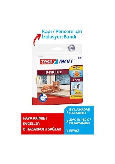 Tesamoll D Profil, Kapı Pencere Isı İzolasyon Bandı, Beyaz, 6m X 9mm X 7mm Diğer