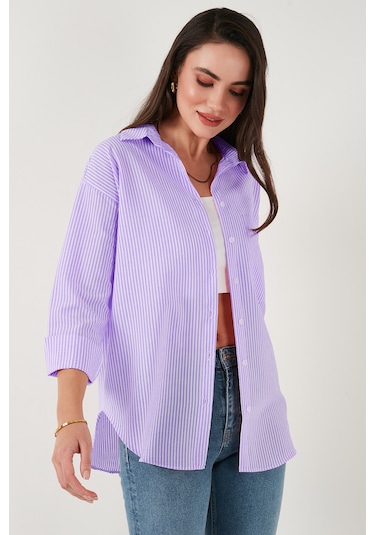 Lela Regular Fit Uzun Kollu Cepli Çizgili Bayan Gömlek 6772895 Lila