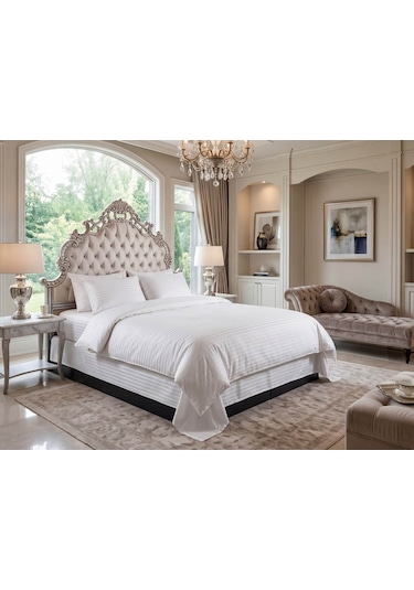 Goldroom Home Çizgili Pamuk Saten Çift Kişilik Nevresim Takımı Beyaz