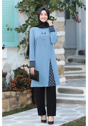 Lazer Kesim Detaylı Büyük Beden Tesettür Takım Mavi