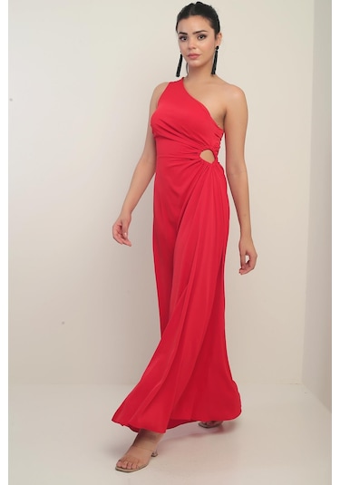 Kadın Tek Omuz Yan Pencere Detaylı Uzun Krep Saten Elbise-40826 Kırmızı