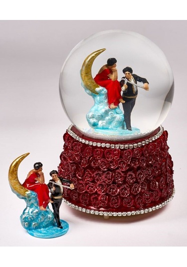 Kar Küresi Gonca Buket Büyük 100 Mm El Boyaması, Müzikli Kendinden Üflemeli, Ay Işığında Kemancı