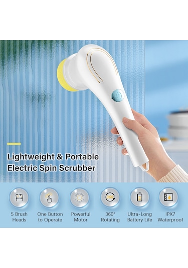 Tenfowee 5 Başlıklı Şarj Edilebilir Elektrikli Temizleme Fırçası - Yer, Banyo, Mutfak, Fayans Ve Küvet Temizliği İçin Beyaz