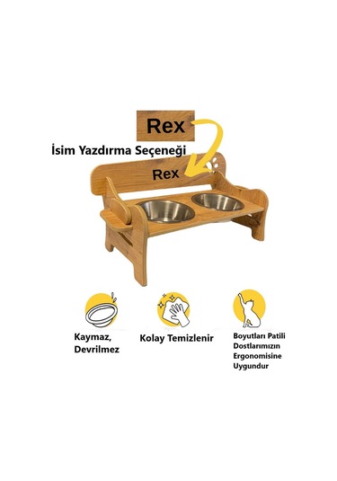Realwood Ahşap Kademeli Eğimli Çelik Kaseli Kedi Köpek Mama Su Kabı 400 ML