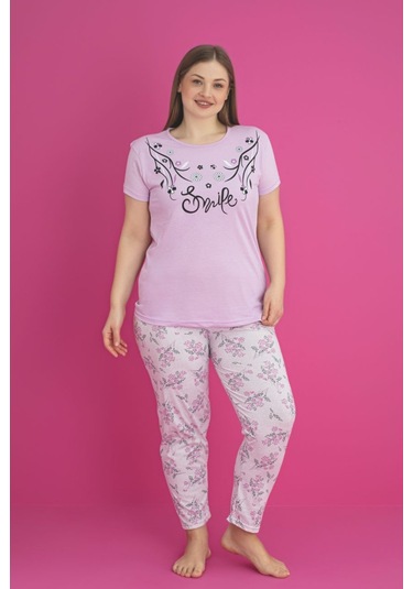X-dreamy Büyük Beden Pamuklu Çiçekli Kısa Kollu Pijama Takımı Lila