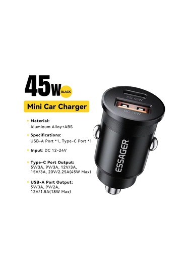 Essageressager 45w Araç Şarj Cihazı Pd Qc3.0 Çift Usb-c iPhone Uyumlu, Uyumlu, 16/15/14 Samsung Xiaomi Huawei Oppo Chdistribütör Garantili