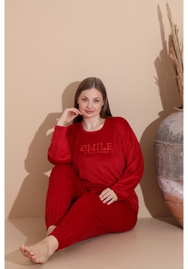 Boyraz Kadın Kışlık Fransız Kadife Büyük Beden Bisiklet Yaka Uzun Kol Pijama Takımı 03130 - 1 Adet Kırmızı