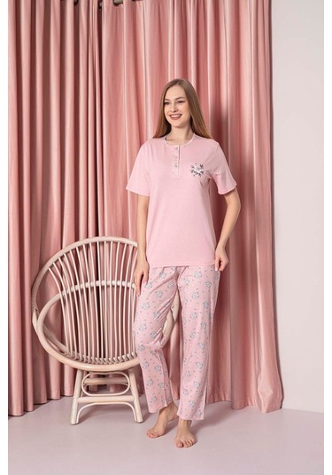 Ahengim Kadın Pijama Takımı Süprem Kısa Kollu Çiçek Desenli Pamuklu W30062330 Pembe