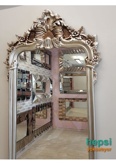 Vintage Madam Model Gümüş Renk Varaklı Boy Aynası Gümüş