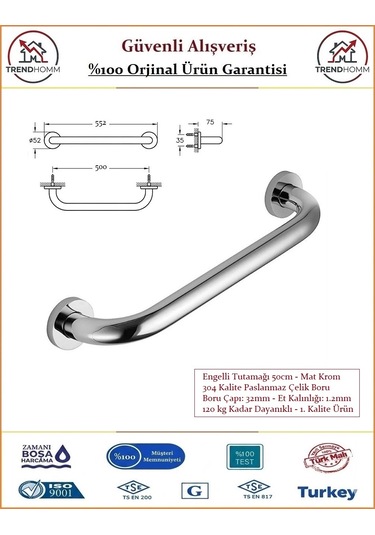 Trendhomm Engelli Tutunma Barı - Bedensel Engelli Küvet Tutunma Barı - 50cm Krom