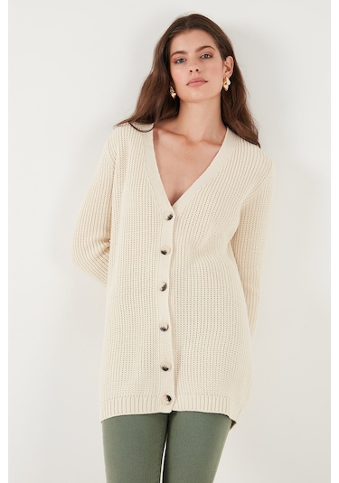Lela Regular Fit V Yaka Düğmeli Triko Örme Uzun Bayan Hırka 4615044 Taş
