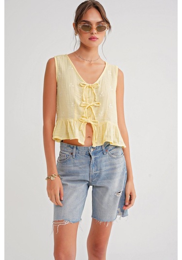 4724 Kadın Çicek Desenli Bağlamalı Müslin Bluz Sarı Sari