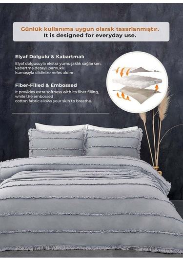 Evlen Home Pamuklu Echos Yatak Örtüsü Takımı Günlük Çift Taraflı Kişilik 3 Parça Dolgulu El İşi Gri