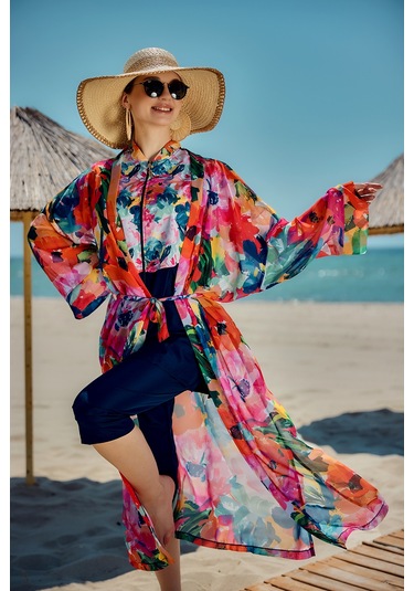 Remsa Tesettür Mayo Üzerine Tek Kaftan Kimono Pareo Lacivert02 Rp030 Flowers Lacivert