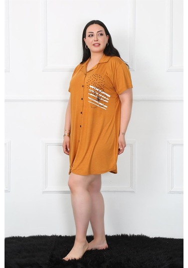 Akbeniz Büyük Beden Penye Düğmeli Hardal Tunik Gecelik 1025-hardal Hardal