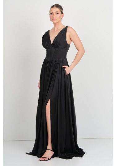 Doridorca Kadın Derin V Yaka Sırttan Bağlamalı Maxi Abiye Elbise 7091 Siyah Siyah