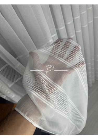 Tül Perde Monalisa Desen Bantlı Şerit Armür Etek Kurşun Sarım Ekru-ekru