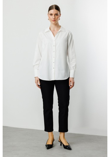 Ekol Kadın Büyük Beden Polo Yaka Gömlek 3506 Ekru Ekru