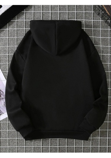 Kalp Ritimli Sweatshirt - Siyah Baskılı Oversize Kalın Kışlık Kapüşonlu Siyah