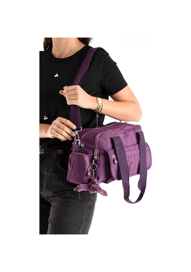 Omuz Çantası Çok Cepli Hafif Klinkır Kumaş 30 20 Cm Çapraz Askılı Postacı Çanta Kol Çantası Mor