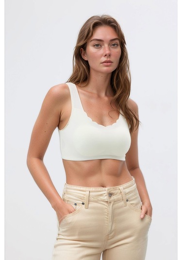 Krem Dikişsiz Lazer Kesim Sütyen Pedli Kadın Hayalet Sütyen Dalga Detaylı Krem