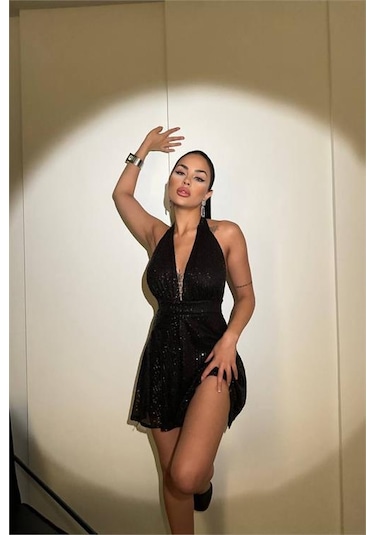 Neşeli Butik Kadın Siyah Halter Yaka Payet Elbise Nbdf046 Siyah