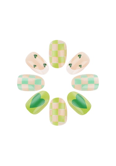 İlkbahar Ve Yaz Taze Oval Kalp Takma Tırnaklar Yeşil Çizgiler Kontrast Renk Fransız Aşınma Tırnakları Çiçek Izgara Tırnak Sanatı 24 Parça Dahil Araçlarys053