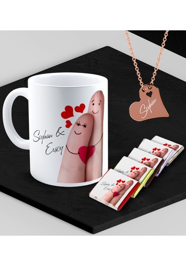 Kişiye Özel Sevgililer Temalı Kupa Madlen Çikolata Ve Rose Kalp Kolye Set - 86