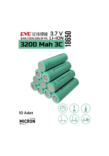 Eve 18650 3.7v Volt 3200 Mah 3c 35v Lityum Şarj Edilebilir 10 Adet Pil Batarya