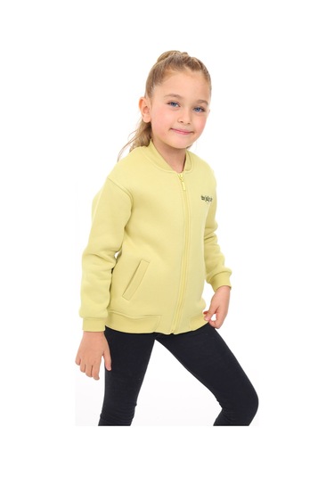 Toontoy Kız Çocuk Kolej Yaka Fermuarlı Cepli Düşük Omuz Nakış Baskılı Örme Hırka - 2 İplik Şardonlu Açık Yeşil