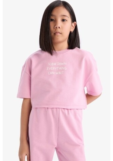 DeFacto Kız Çocuk 2'li Takım Bisiklet Yaka Baskılı Kısa Kollu Tişört Beli Paçası Lastikli Eşofman Altı Z8983A625SMPN444 Pembe