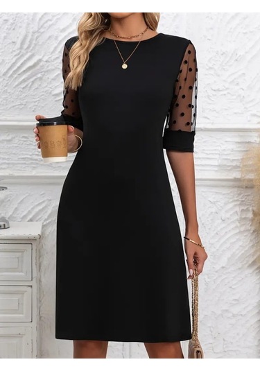 Kadın Puantiyeli Tül Kollu Bisiklet Yaka Janjan Krep Elbise Siyah