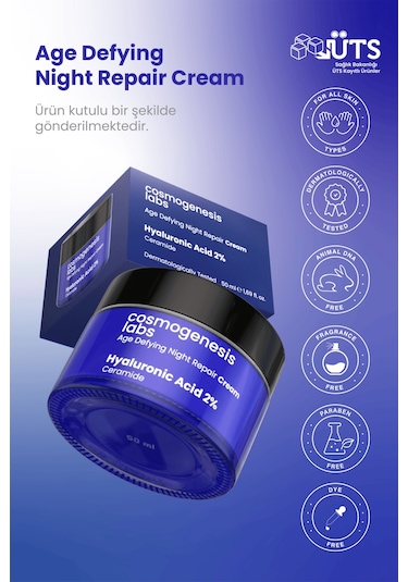Cosmogenesis Labs Gece Kremi %2 Hyaluronik Asit 50ml - Yaşlanma Karşıtı Yoğun Nemlendirici Dolgunlaştırıcı Vegan