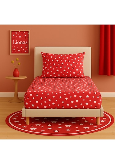 Desenli 120 X 200 Cm Ara Ölçü Kırmızı Yıldız Lastikli Çarşaf Ve Yastık Kılıfı Kırmızı