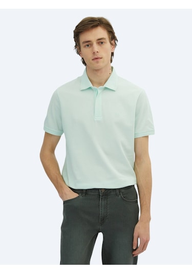 Su Yeşili Düz Polo Yaka %100 Pamuk T-shirt Su Yeşili