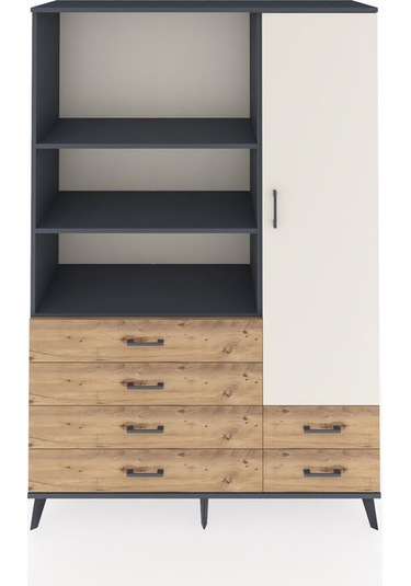 Hyperion Dolap 7 Raflı 6 Çekmeceli Tek Kapaklı 132x44x195 Antrasit-aytaşı/çam Aytası/atlas Çam