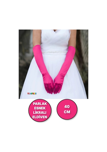 Uzun Boy Parlak Esnek Likralı Eldiven 40 Cm - 1 Çift - Fuşya Çok Renkli