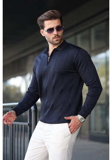 Lacivert Polo Yaka Fermuarlı Erkek Kazak E7427 Lacivert