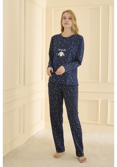 Mihra Kadın Pijama Takımı Uzun Kol Mevsimlik Lacivert