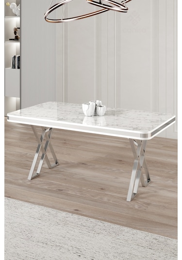 Raja Serisi 80x130 Lak Panel Sabit Masa Mutfak Masası Beyaz Mermer Masa