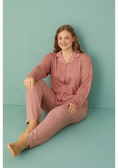 Gd Goldoremi 50851-9 Büyük Beden Kadın Puantiyeli Önden Düğmeli Pijama Takım 001