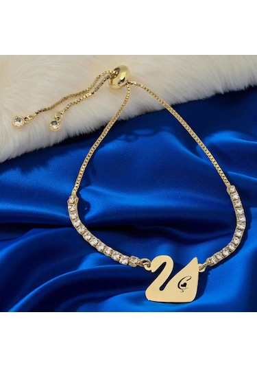 Archin Ç Harfine Özel Beyaz Taş Detaylı Kuğu Kuşu Motifli 14 Ayar Altın Plakalı Hediye Bileklik-601harf Ç