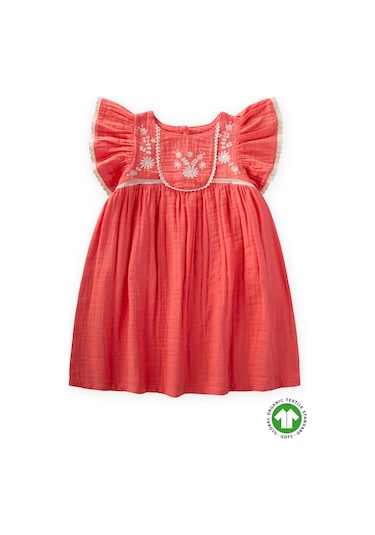 Cigit Organik Nakışlı Müslin Kız Elbise 2-10 Yaş Mercan Mercan
