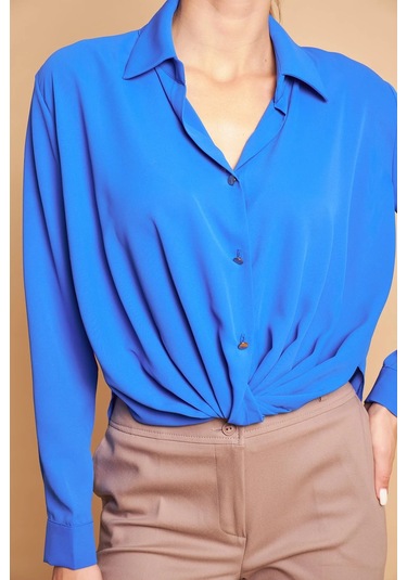 Yakalı Önü Pileli Uzun Kol Likrasız Şık Kumaş Gömlek-Saks Sax