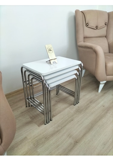 Evko Mobilya Buket Sehpa, 4'lü Zigon Sehpa, Dörtlü, Krom-beyaz