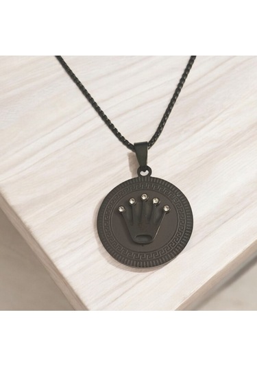 Unisex Zirkon Taşlı Taç Figürlü Çelik Kolye 8799 Siyah