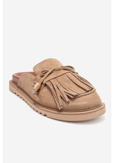 Carol Toprak Süet Püsküllü Hakiki Deri Kadın Burnu Kapalı Terlik Toprak