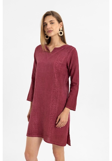 Bordo İşlemeli Uzun Kollu Astarsız Pamuklu Kısa Elbise-bordo