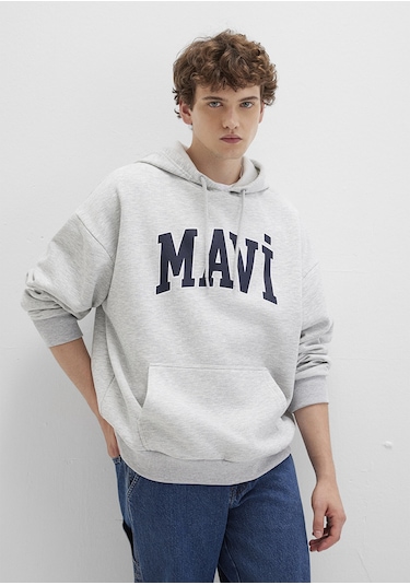 Mavi - Mavi Logo Baskılı Kapüşonlu Gri Sweatshirt 067149-80196 Gri